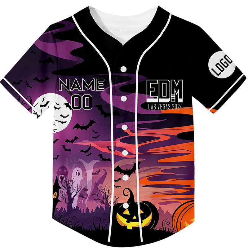 Custom Black Purple EDM Halloween Pumpkin Bat Ghost Castle Rave Baseball Jersey For EDM EDC Festivals