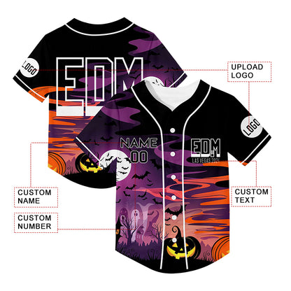 Custom Black Purple EDM Halloween Pumpkin Bat Ghost Castle Rave Baseball Jersey For EDM EDC Festivals