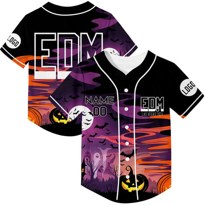 Custom Black Purple EDM Halloween Pumpkin Bat Ghost Castle Rave Baseball Jersey For EDM EDC Festivals