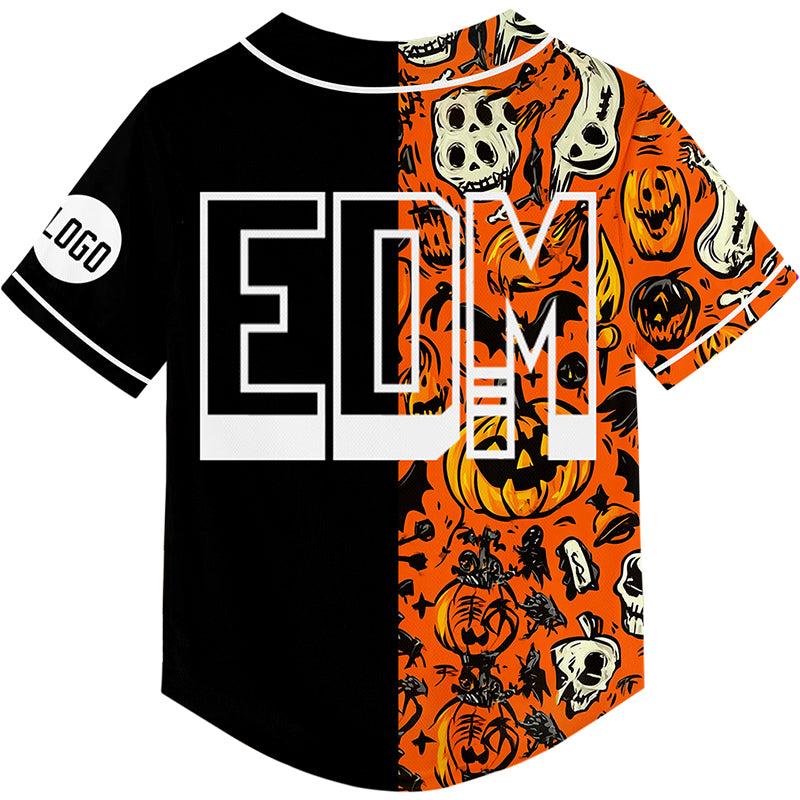 Custom Black Orange EDM Halloween Pumpkin Bat Skull Rave Baseball Jersey For EDM EDC Festivals