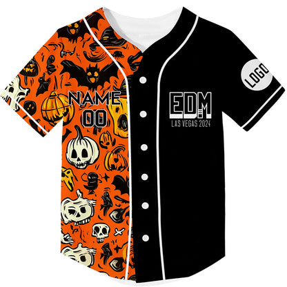 Custom Black Orange EDM Halloween Pumpkin Bat Skull Rave Baseball Jersey For EDM EDC Festivals