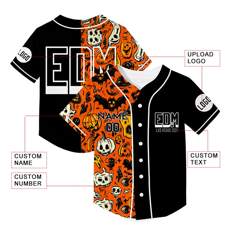 Custom Black Orange EDM Halloween Pumpkin Bat Skull Rave Baseball Jersey For EDM EDC Festivals