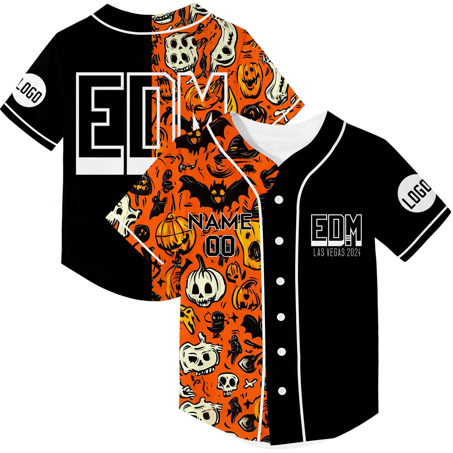 Custom Black Orange EDM Halloween Pumpkin Bat Skull Rave Baseball Jersey For EDM EDC Festivals