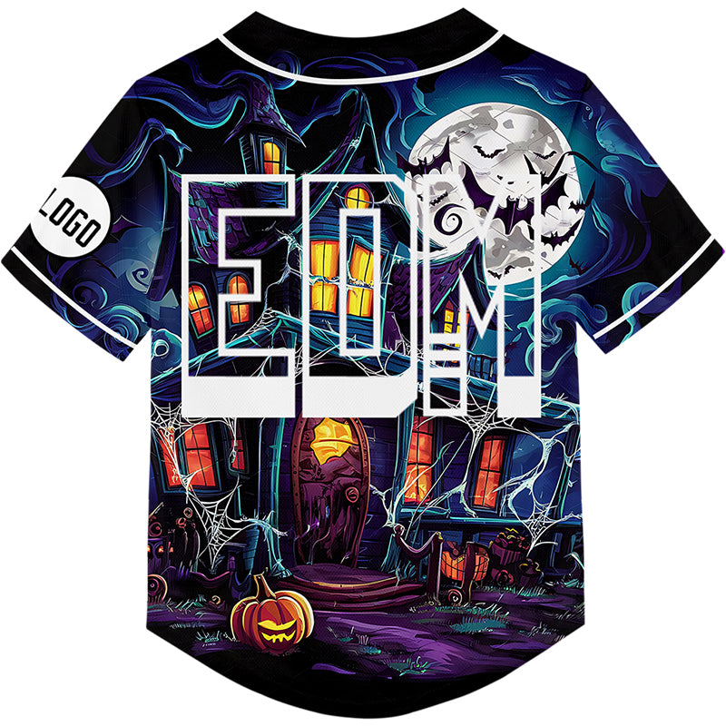 Custom Purple EDM Halloween Pumpkin Bat Castle Rave Baseball Jersey For EDM EDC Festivals