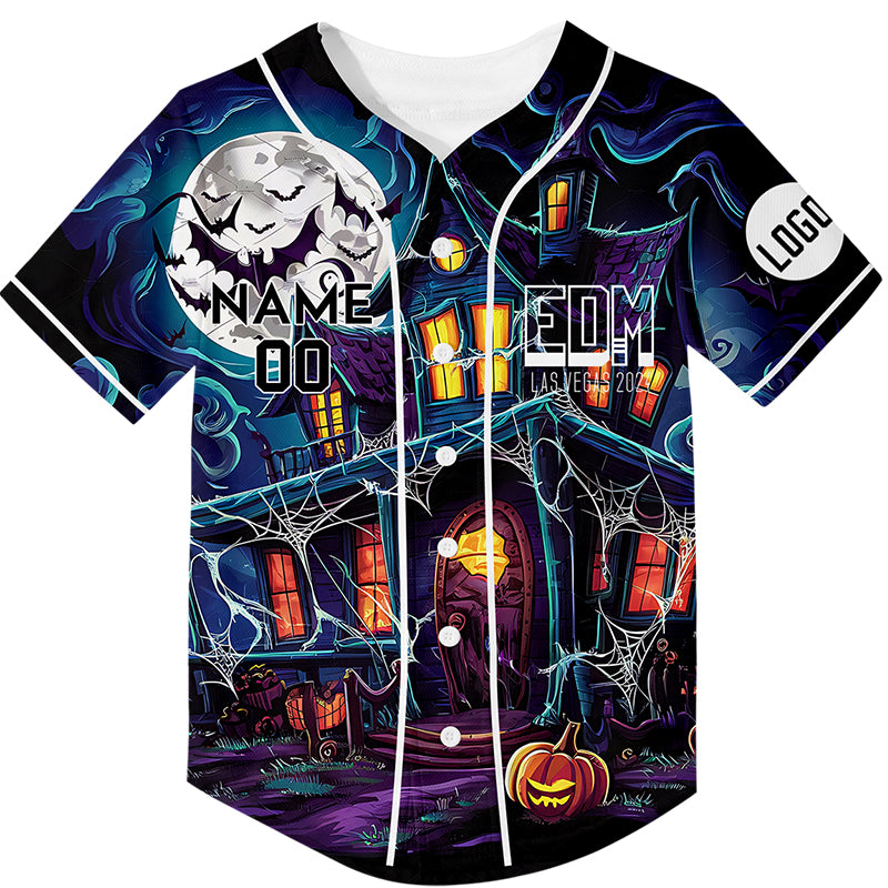 Custom Purple EDM Halloween Pumpkin Bat Castle Rave Baseball Jersey For EDM EDC Festivals