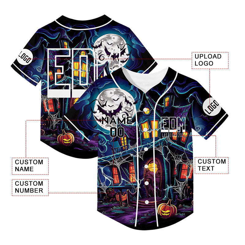 Custom Purple EDM Halloween Pumpkin Bat Castle Rave Baseball Jersey For EDM EDC Festivals