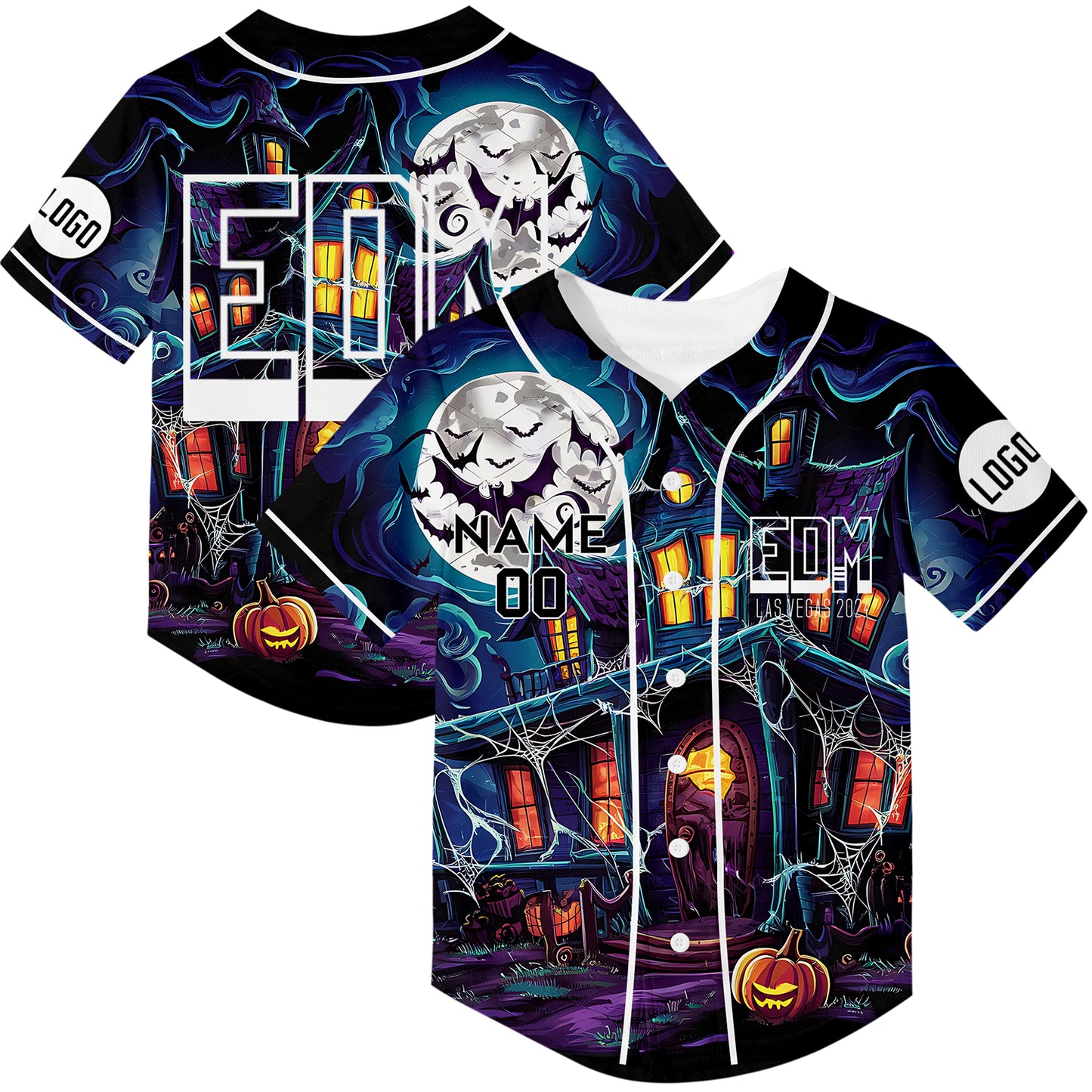 Custom Purple EDM Halloween Pumpkin Bat Castle Rave Baseball Jersey For EDM EDC Festivals