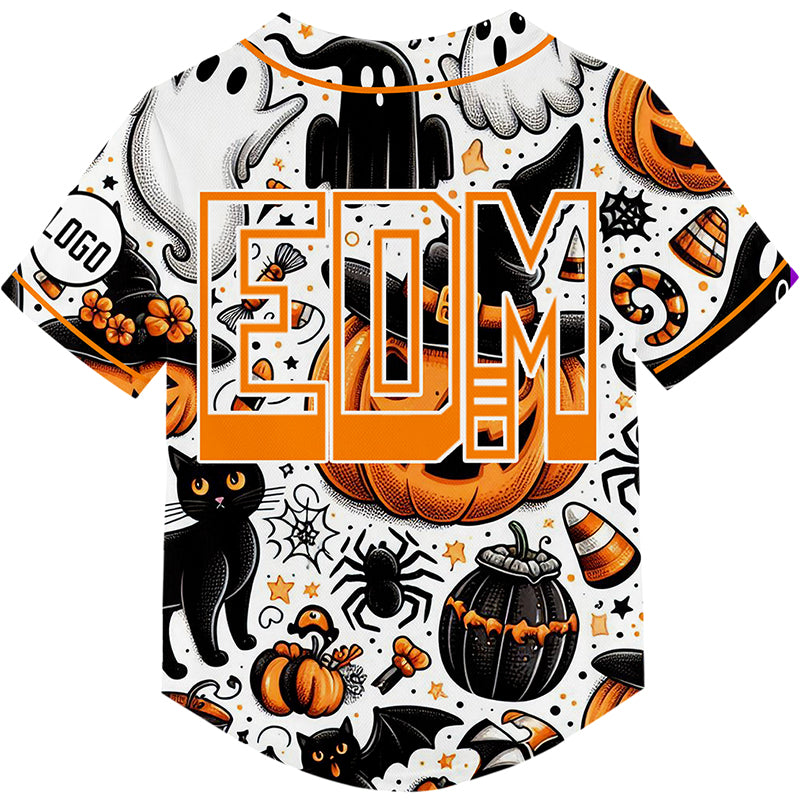 Custom White EDM Halloween Pumpkin Bat Cat Ghost Rave Baseball Jersey For EDM EDC Festivals