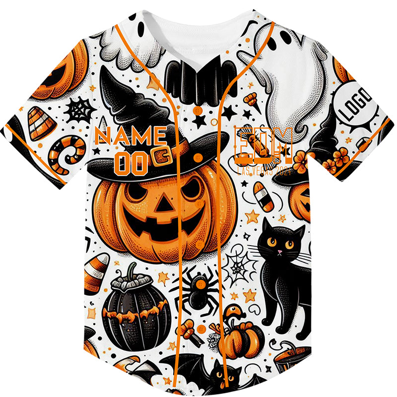 Custom White EDM Halloween Pumpkin Bat Cat Ghost Rave Baseball Jersey For EDM EDC Festivals