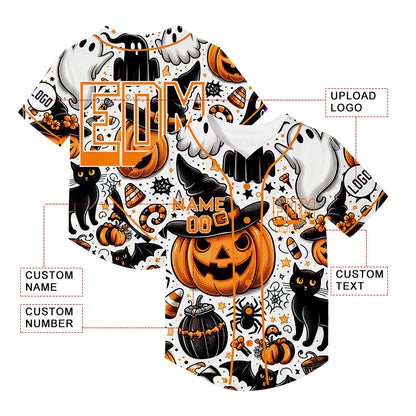 Custom White EDM Halloween Pumpkin Bat Cat Ghost Rave Baseball Jersey For EDM EDC Festivals