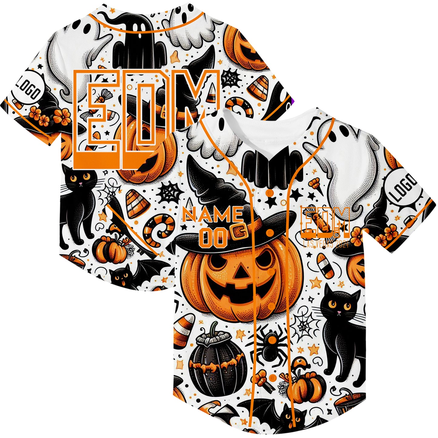 Custom White EDM Halloween Pumpkin Bat Cat Ghost Rave Baseball Jersey For EDM EDC Festivals