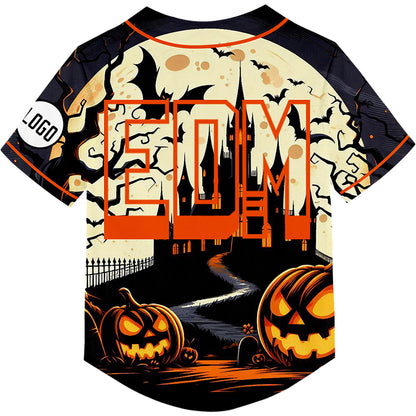 Custom Light Khaki Black EDM Halloween Pumpkin Bat Castle Rave Baseball Jersey For EDM EDC Festivals