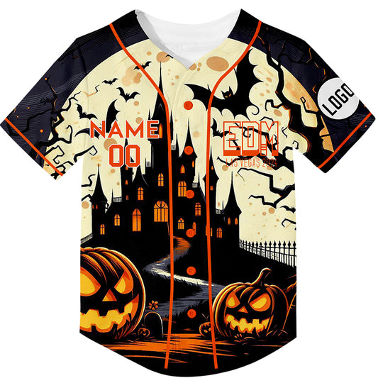 Custom Light Khaki Black EDM Halloween Pumpkin Bat Castle Rave Baseball Jersey For EDM EDC Festivals