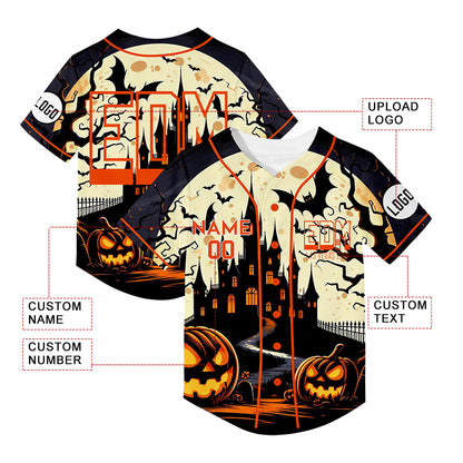 Custom Light Khaki Black EDM Halloween Pumpkin Bat Castle Rave Baseball Jersey For EDM EDC Festivals