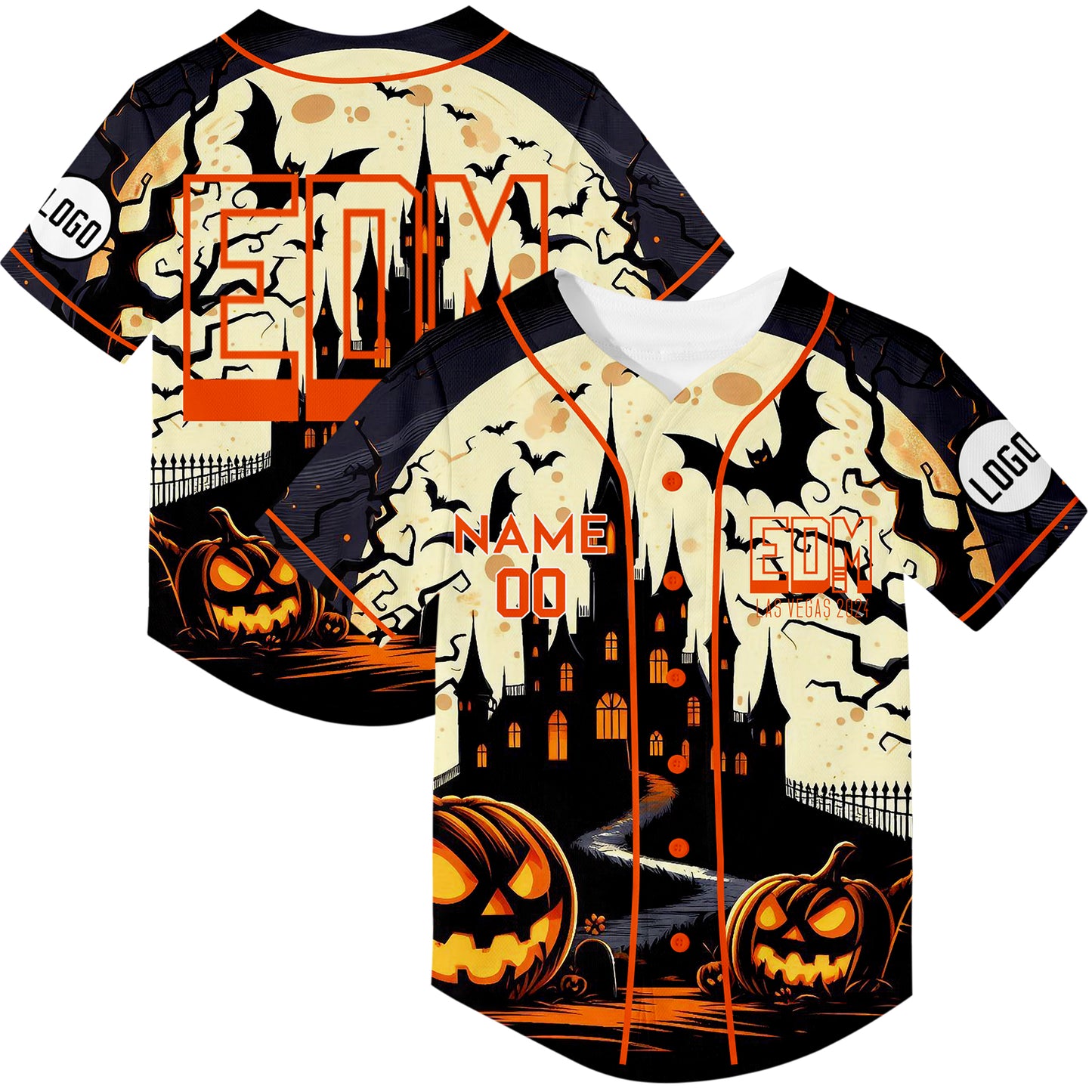 Custom Light Khaki Black EDM Halloween Pumpkin Bat Castle Rave Baseball Jersey For EDM EDC Festivals