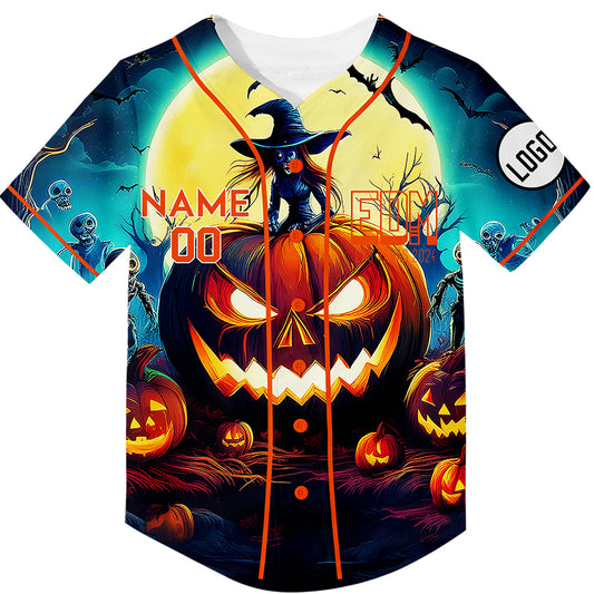 Custom Gold Black EDM Halloween Pumpkin Witch Bat Skull Rave Baseball Jersey For EDM EDC Festivals