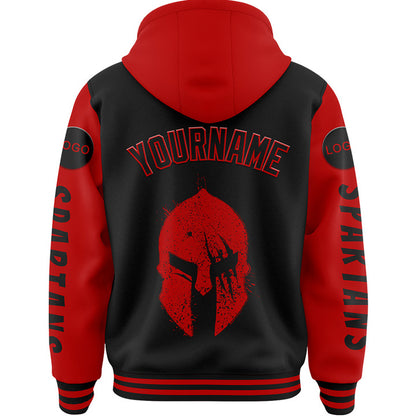 Custom Black Red Spartan Scratches Bomber Full-Snap Varsity Letterman Two Tone Hoodie Jacket